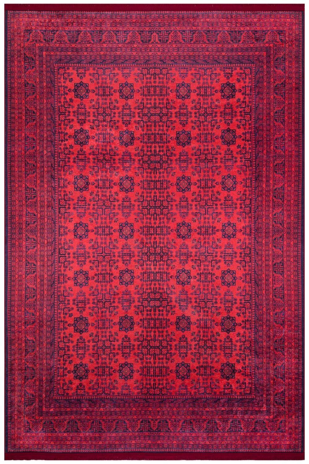  Kırmızı Afgan Desenli Modern Dijital Baskı Yıkanabilir Halı