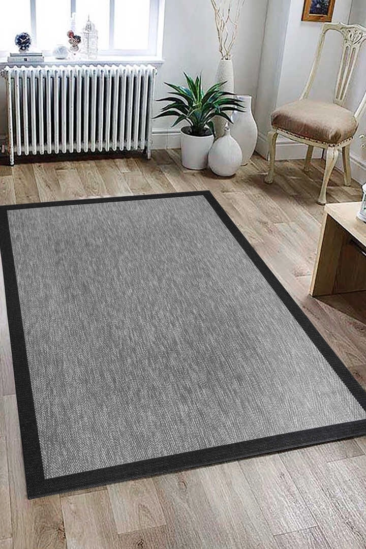 Siyah  Seritli Gri Balıksırtı Desenli  Piala Serisi Sisal Halı