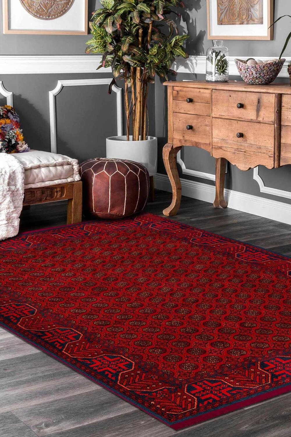 Bordo Afgan Desenli Dijital Baskı Yıkanabilir Halı