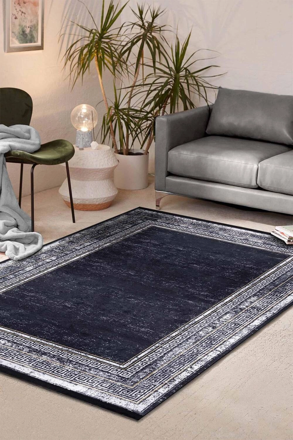 Gri Çerçeve Desenli Dijital Baskı Yıkanabilir Halı
