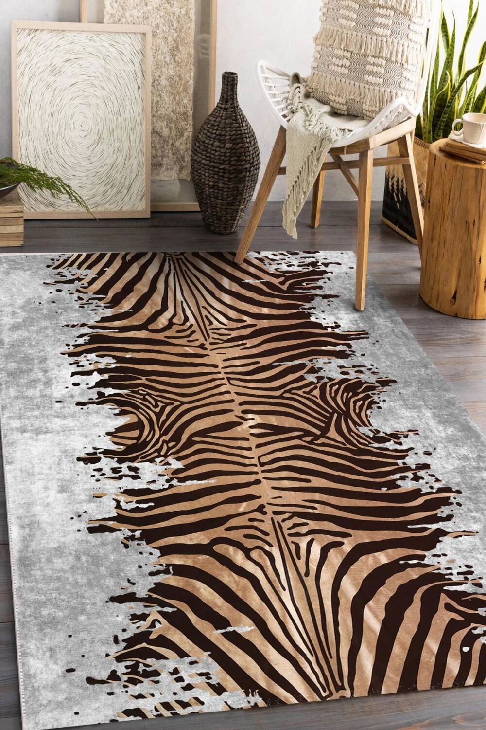 Gri Zebra Desenli Dijital Baskı Yıkanabilir Halı