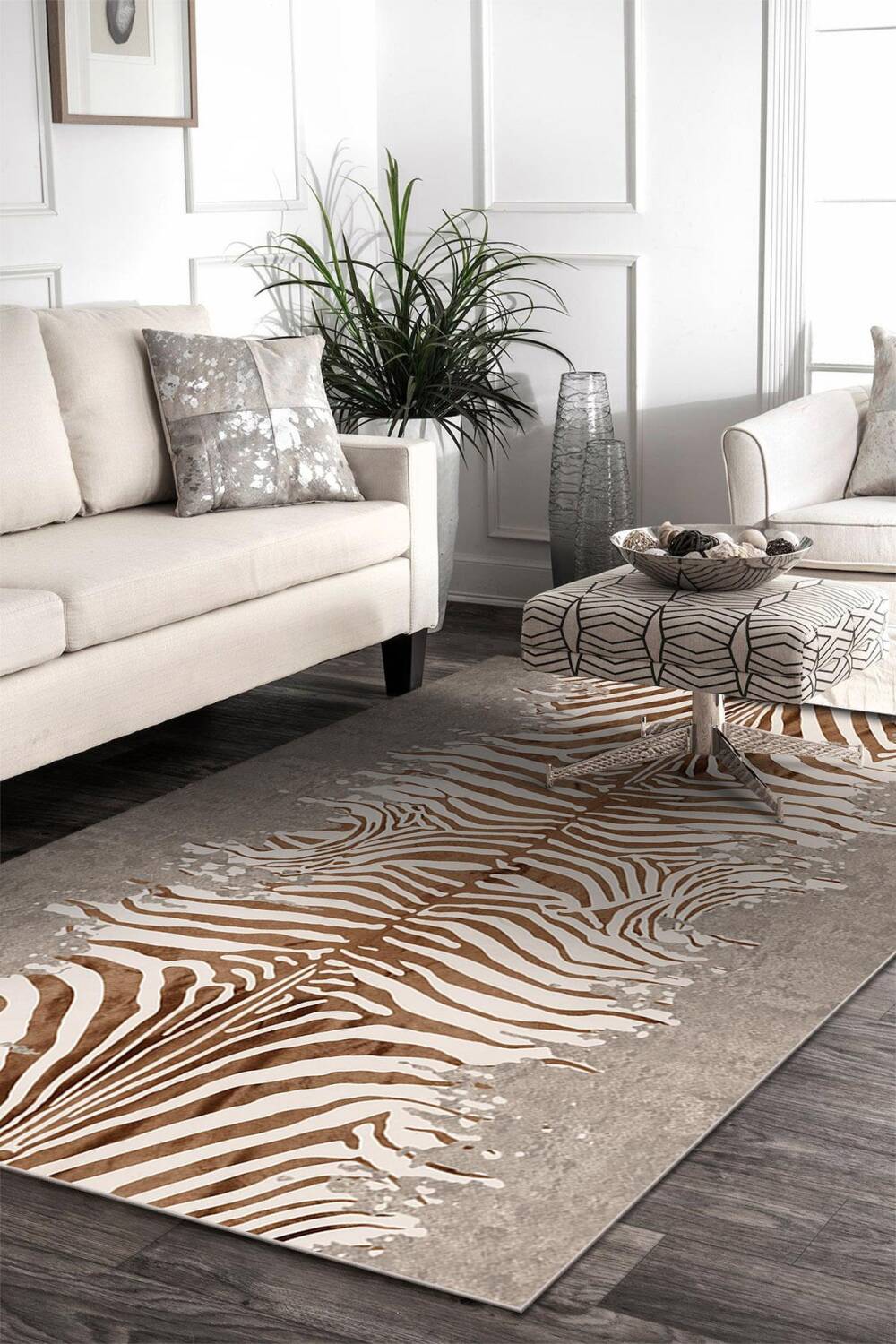 Bej  Zebra Desenli  Dijital Baskı Yıkanabilir Halı