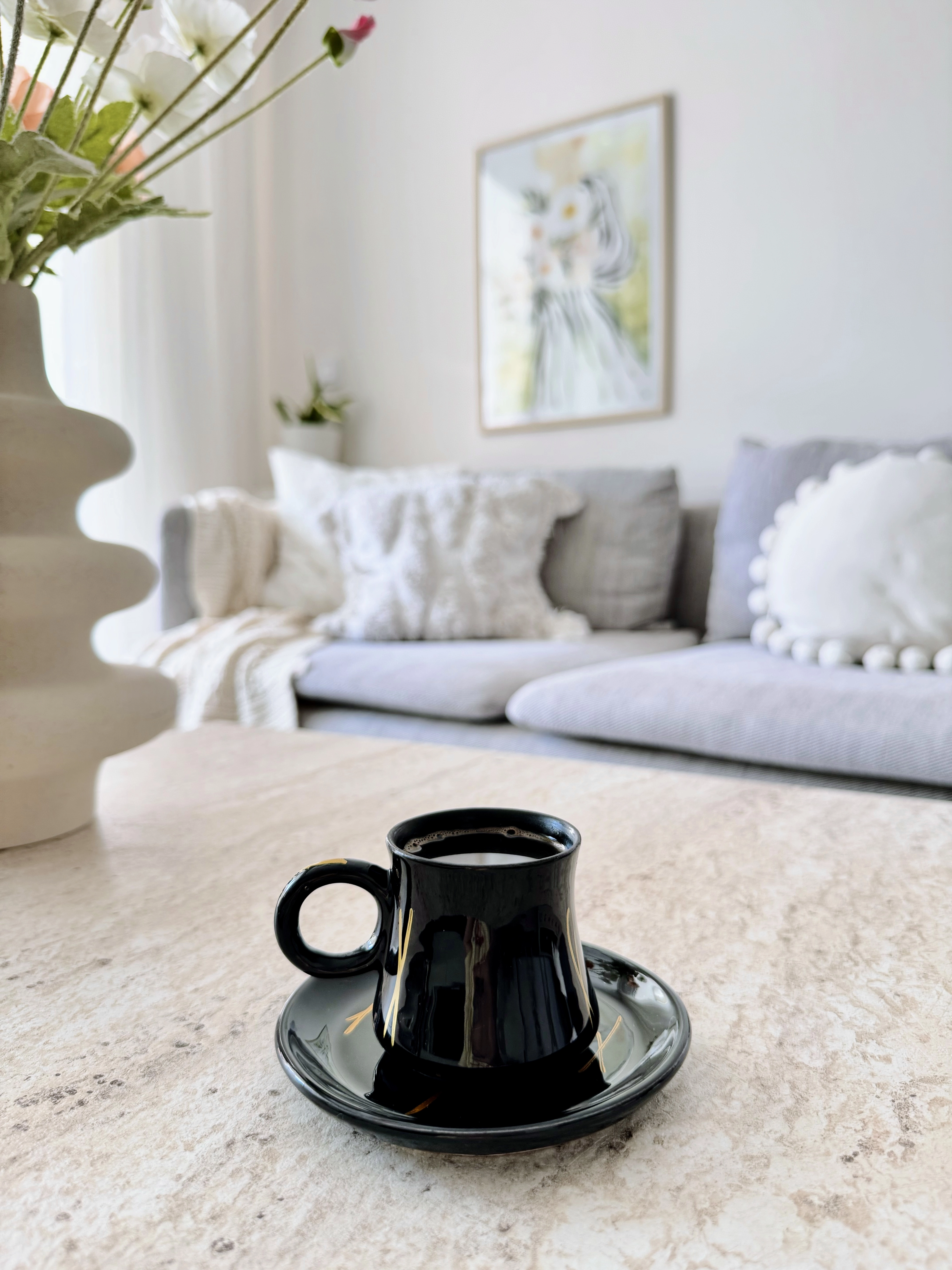 Çizgili Siyah Beyaz 6 Kişilik 12 Parça Fincan Takımı