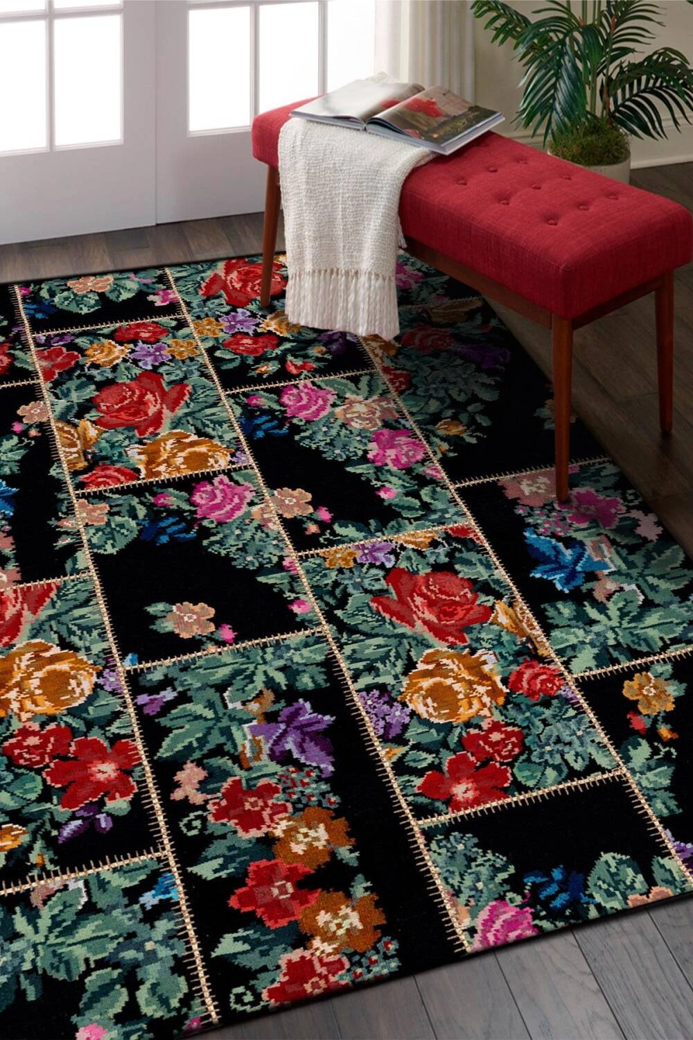 Siyah Patchwork Desenli Dijital Baskı Yıkanabilir Halı