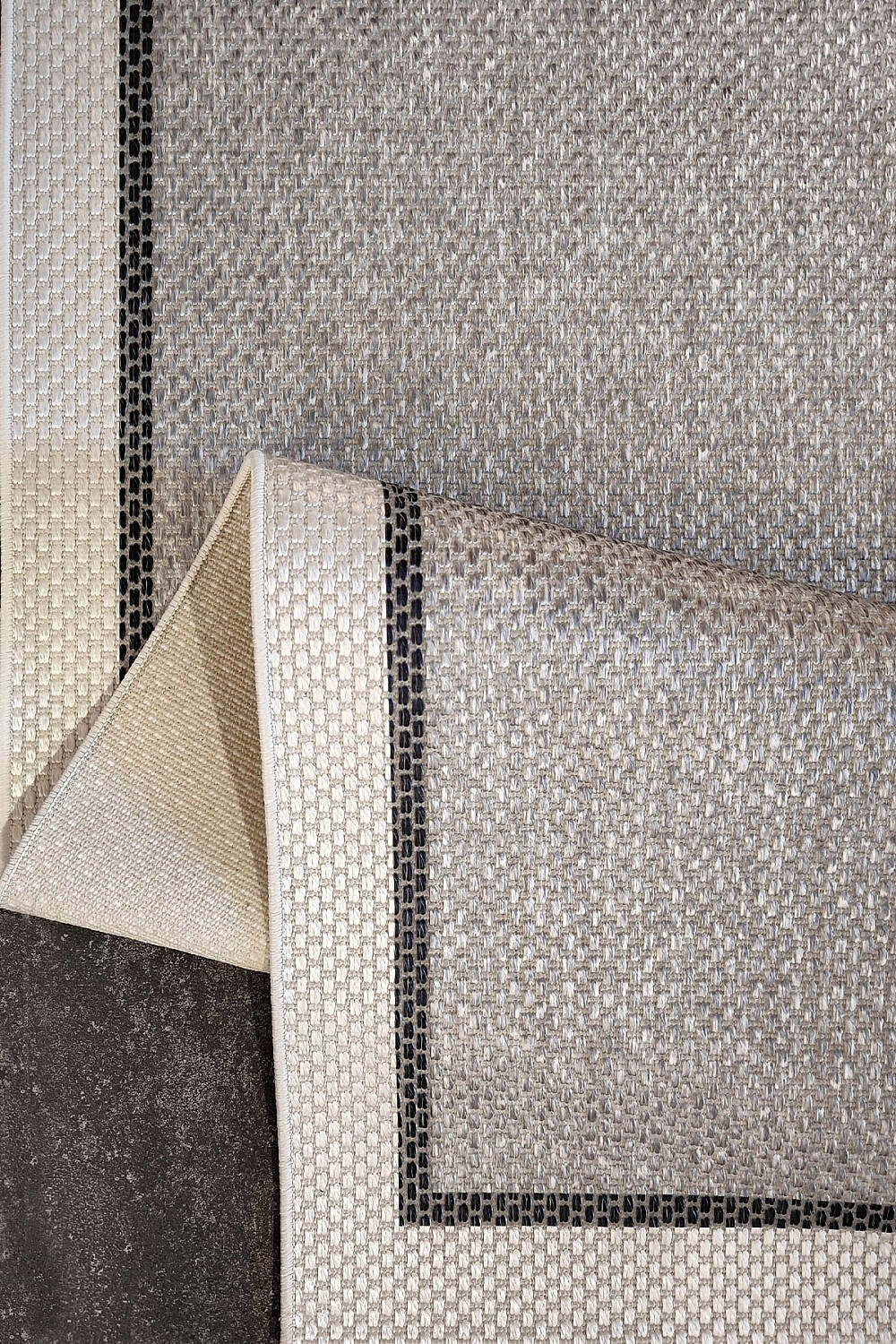 Krem Çift Bordürlü Gri Desenli Natura Serisi Sisal Halı