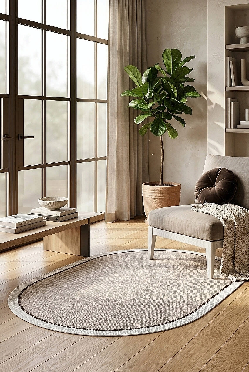 Krem Çift Bordürlü Sütlü Kahve Desenli Natura Serisi Sisal Halı