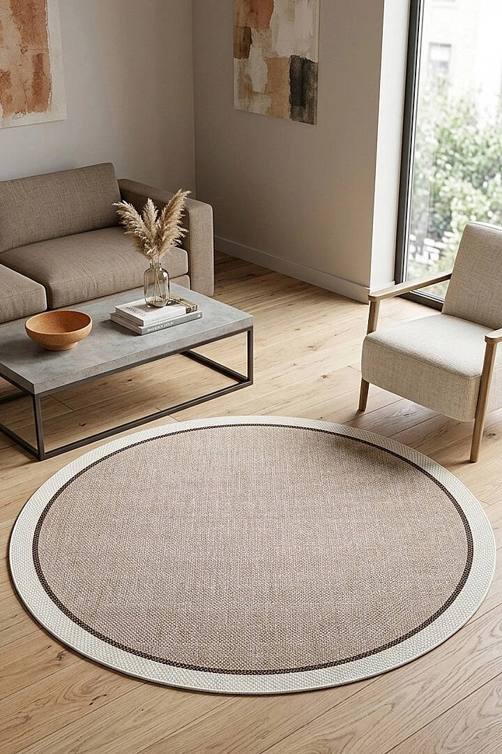 Krem Çift Bordürlü Sütlü Kahve Desenli Natura Serisi Sisal Halı