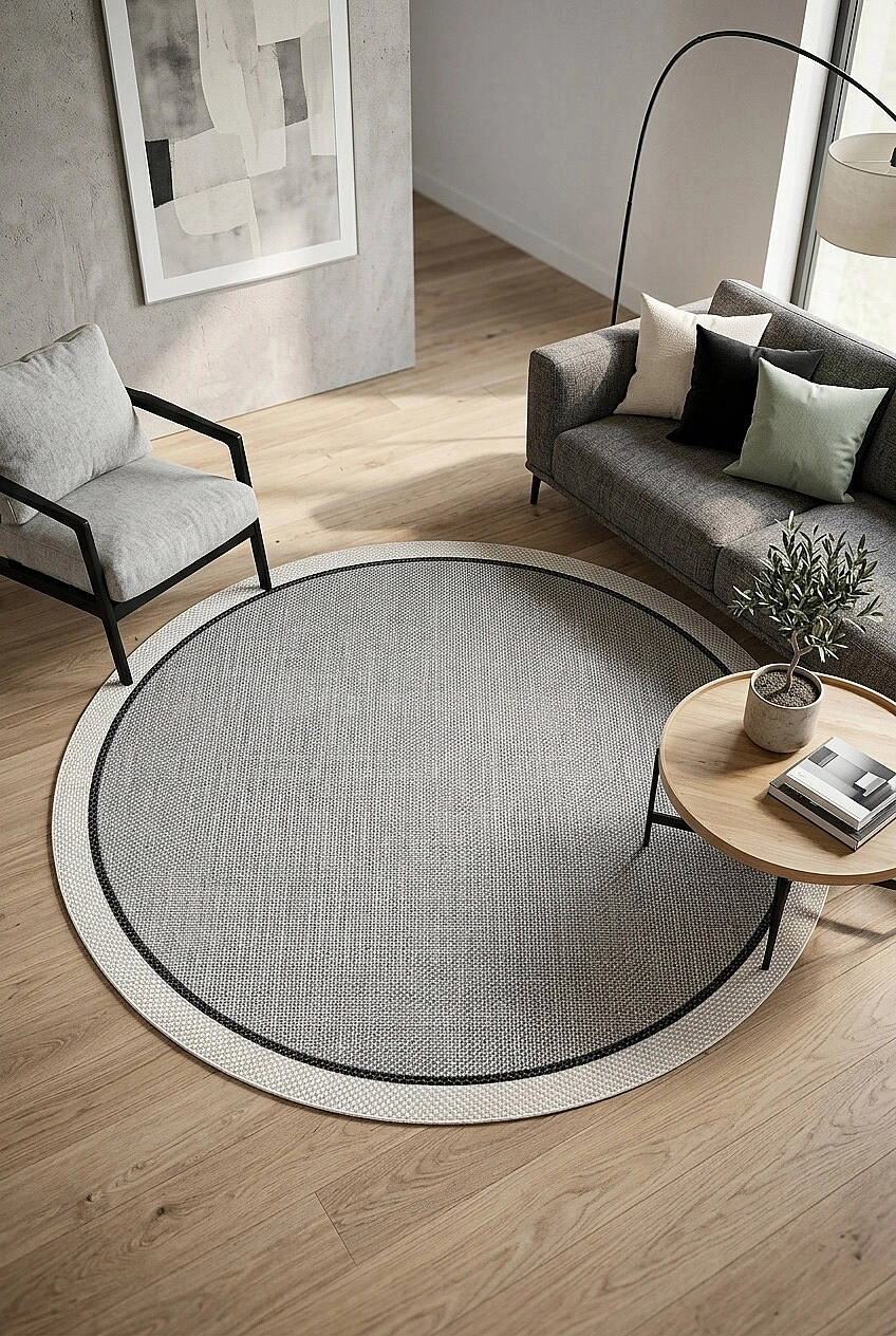 Krem Çift Bordürlü Gri Desenli Natura Serisi Sisal Halı