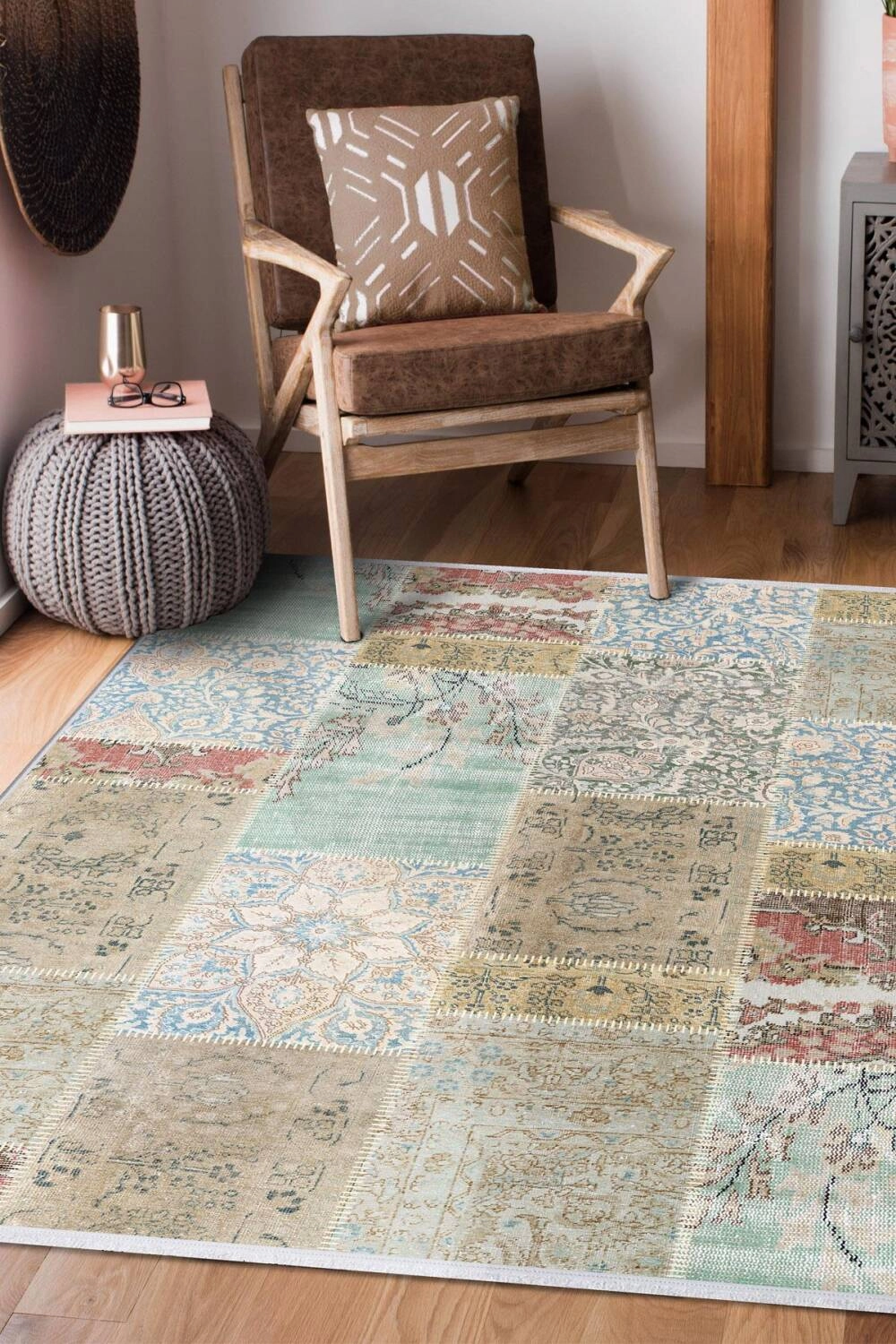 Vizon Patchwork Desenli Dijital Baskı Yıkanabilir Halı