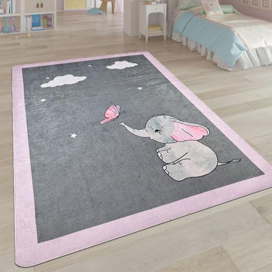 Pembe Fil desenli Gri Dijital Baskı Yıkanabilir Çoçuk Halısı