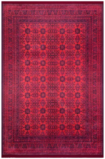  Kırmızı Afgan Desenli Modern Dijital Baskı Yıkanabilir Halı