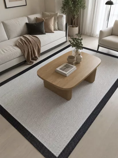  Krem Balıksırtı Siyah Çerçeve Desenli Piala Sunset Serisi Sisal Halı