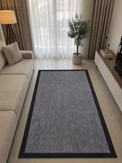 Antrasit Balıksırtı Siyah Çerçeve Desenli Piala Sunset Serisi Sisal Halı