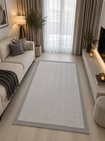 Krem Balıksırtı Gri Çerçeve Desenli Piala Sunset Serisi Sisal Halı