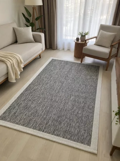  Antrasit Balıksırtı Krem Çerçeve Desenli Piala Sunset Serisi Sisal Halı