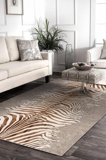 Bej  Zebra Desenli  Dijital Baskı Yıkanabilir Halı