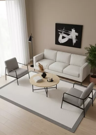 Gri Çerceve Krem Desenli Natura Serisi Sisal Halı