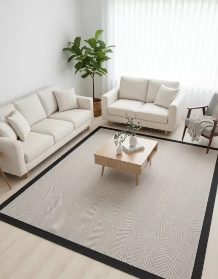 Bej Siyah Balık Sırtı Desenli Seritli Sisal Halı Plus Serisi