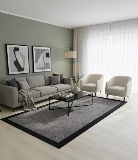 Siyah  Seritli Gri Balıksırtı Desenli  Piala Serisi Sisal Halı