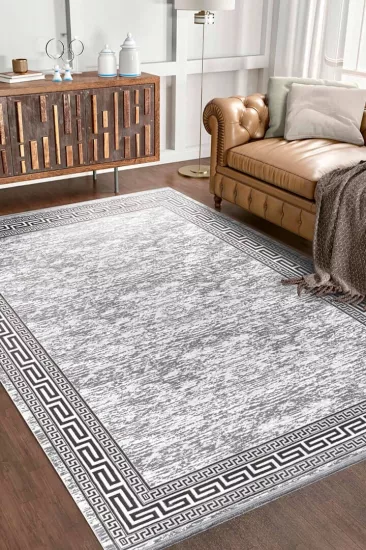 Gri Çerceve  Desenli Rüya Serisi Saten Bambu Halı