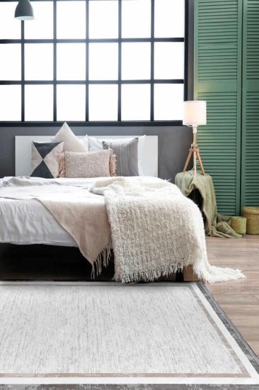 Gri Bej Çerceve Desenli Hayal Serisi Kadife Halı