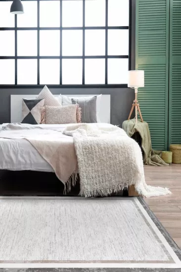 Gri Çerceve  Desenli Rüya Serisi Saten Bambu Halı