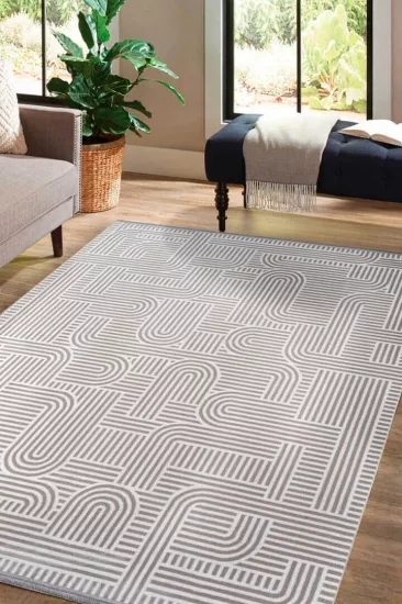 Bej Kıvrım Desenli Rüya Serisi Saten Bambu Halı