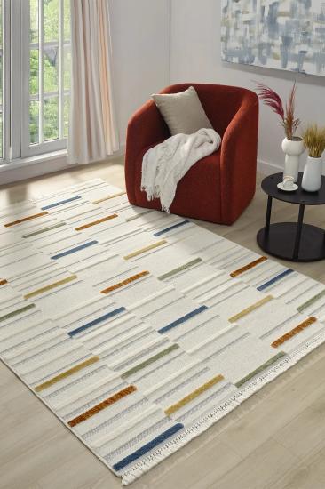 Krem Multi Çizgi Desenli Yumuşak Dokulu İbiza Serisi Halı