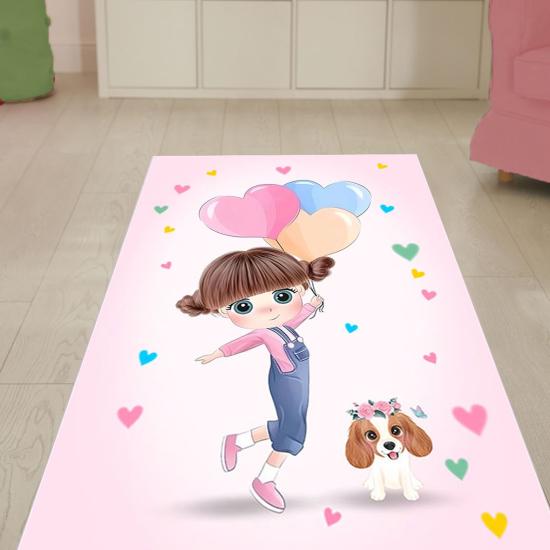 Pembe Kalpli Dijital Baskı Yıkanabilir Çoçuk Halısı