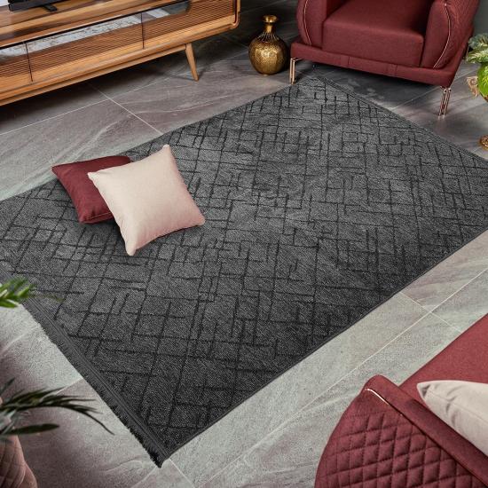 Şönil Kilim Antrasit Çizgi Desenli Kaymaz Taban Rain Serisi