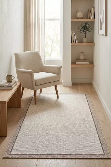  Sütlü Kahve Çift Bordürlü Krem Desenli Natura Serisi Sisal Halı