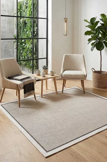 Krem Çift Bordürlü Sütlü Kahve Desenli Natura Serisi Sisal Halı