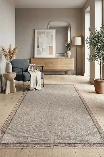 Kahve Çift Bordürlü Sütlü Kahve Desenli Natura Serisi Sisal Halı