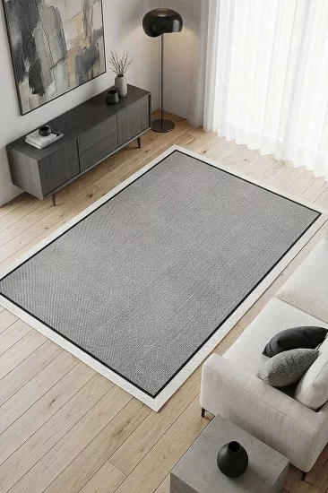 Krem Çift Bordürlü Gri Desenli Natura Serisi Sisal Halı