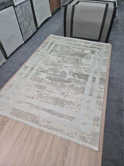 Bej Çerçeve Desenli Line Serisi Akrilik Bambu Halı