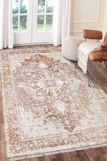 Bej Vintage Desenli Dijital Baskı Yıkanabilir Halı