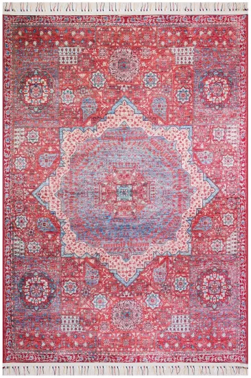 Kırmızı Vintage Desenli Dijital Baskı Yıkanabilir Halı