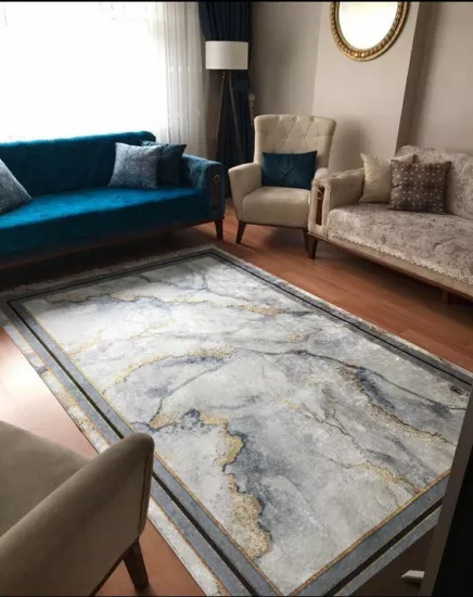 Gri Gold Desenli Dijital Baskı Yıkanabilir Halı