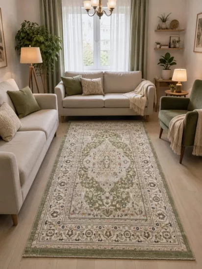 Yeşil Vintage Desenli Butik Serisi Halı