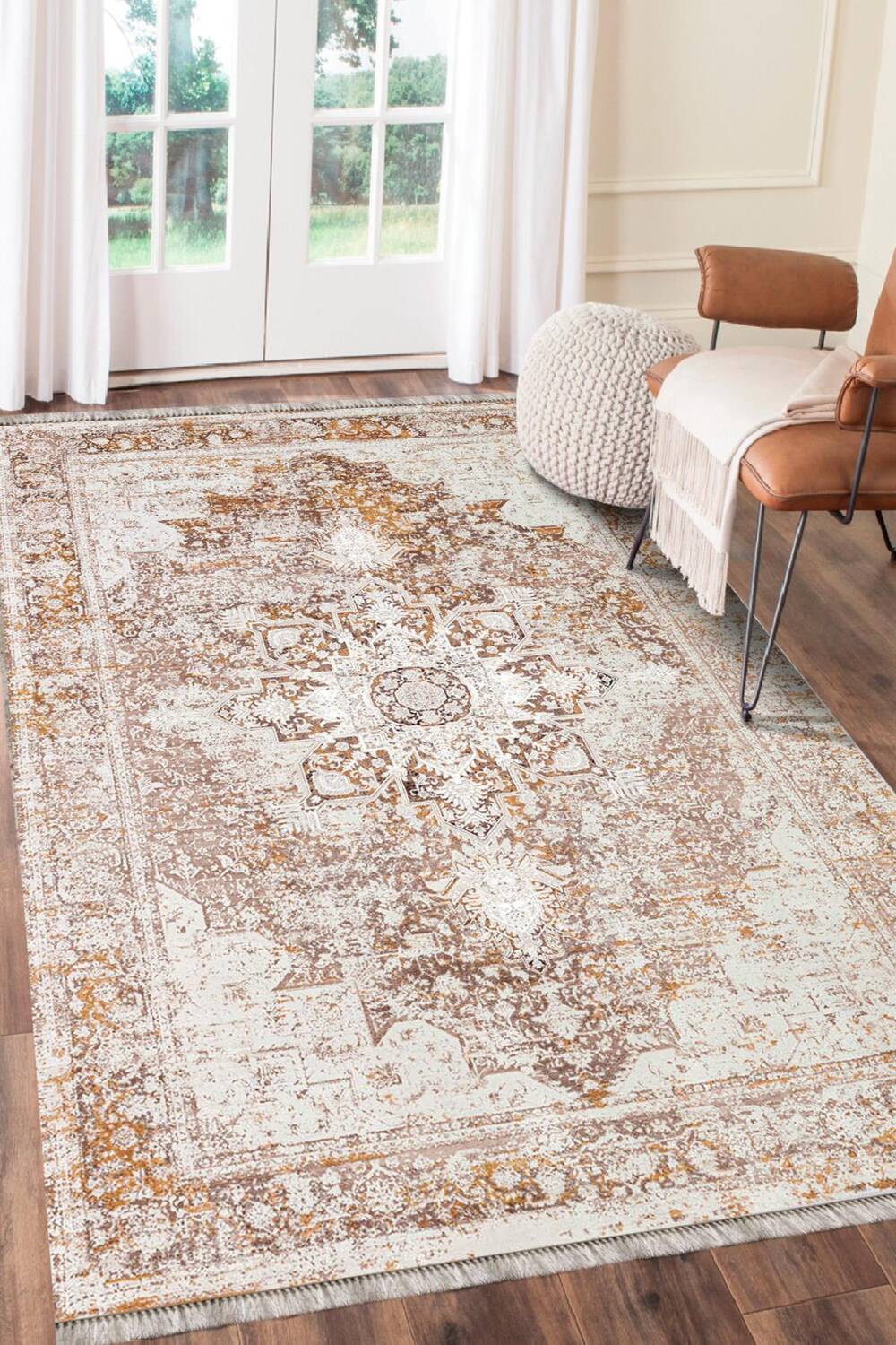 Bej Vintage Desenli Dijital Baskı Yıkanabilir Halı