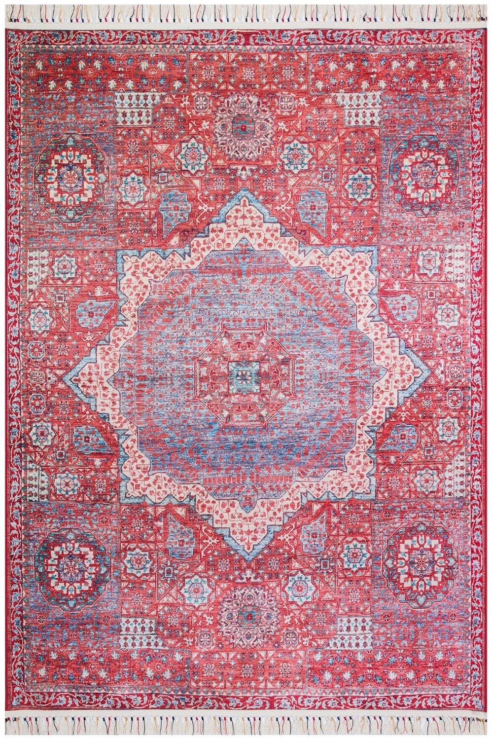 Kırmızı Vintage Desenli Dijital Baskı Yıkanabilir Halı