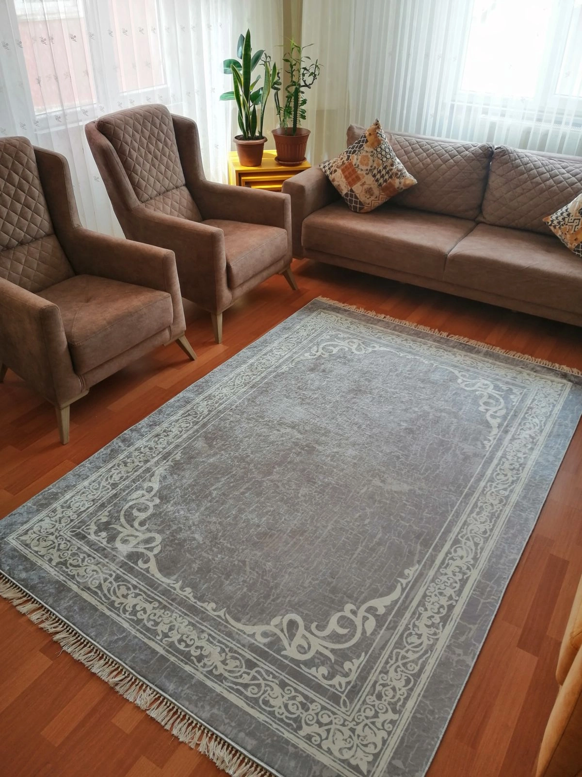 Gri beyaz desenli Dijital Baskı Yıkanabilir Halı