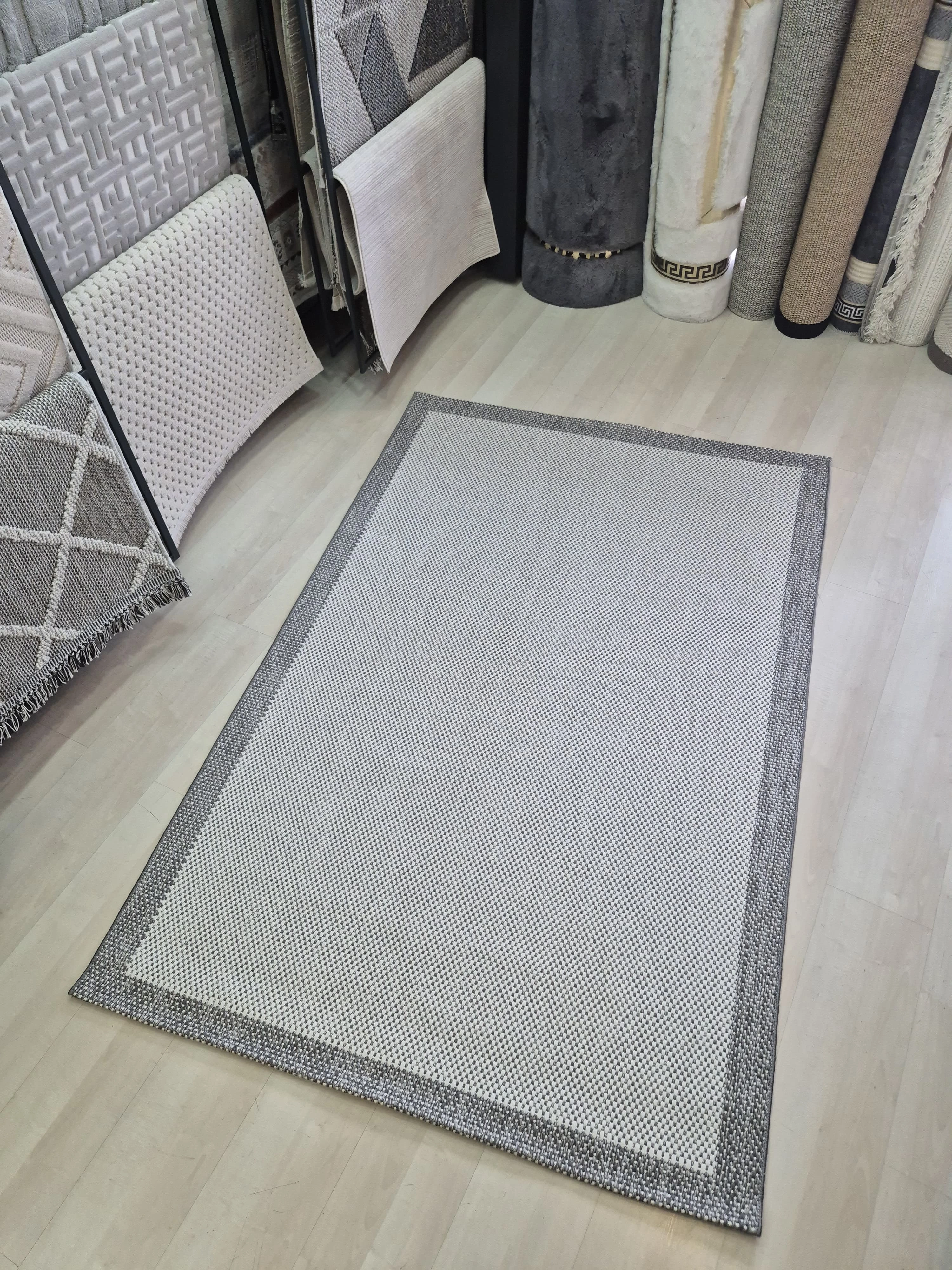 Beyaz Gri Seritli Sisal Halı Sisal Plus Serisi