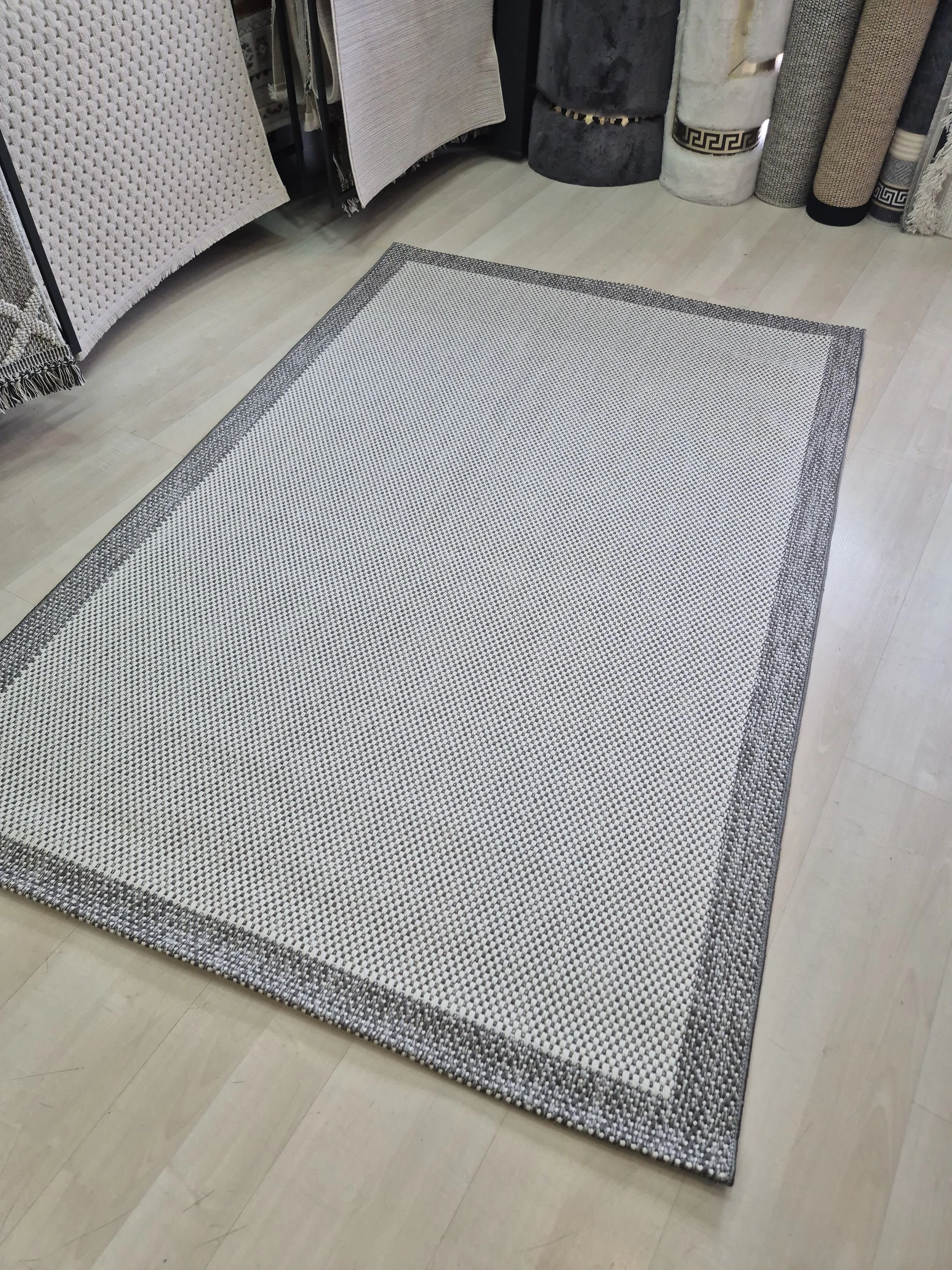 Beyaz Gri Seritli Sisal Halı Sisal Plus Serisi