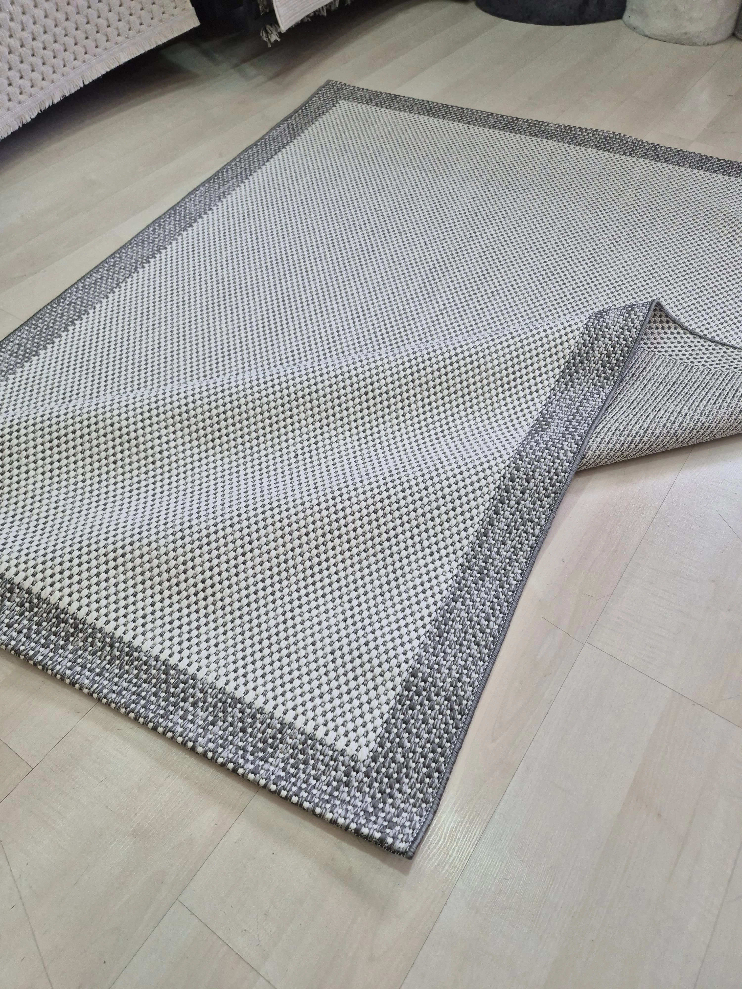 Beyaz Gri Seritli Sisal Halı Sisal Plus Serisi