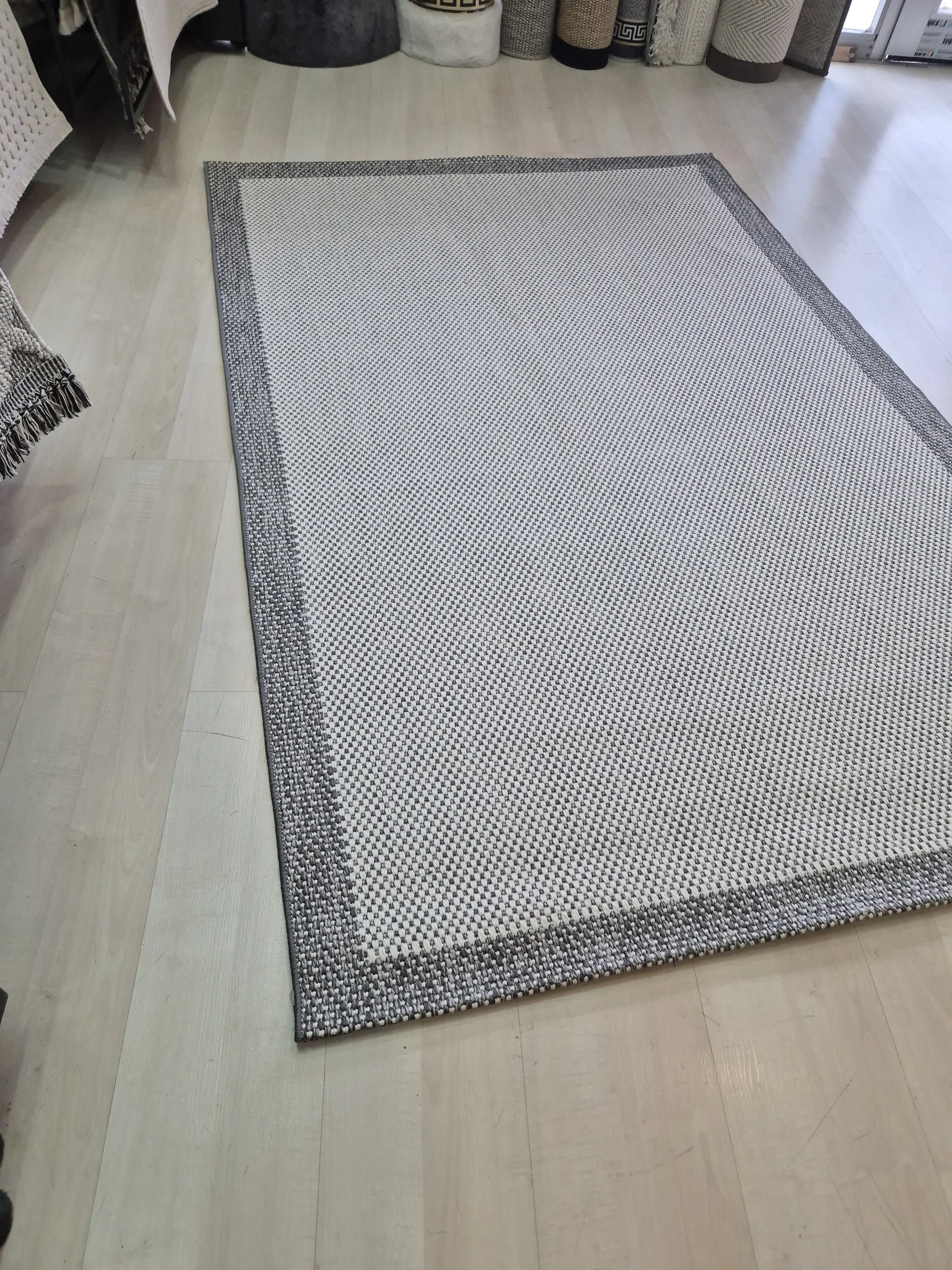 Beyaz Gri Seritli Sisal Halı Sisal Plus Serisi