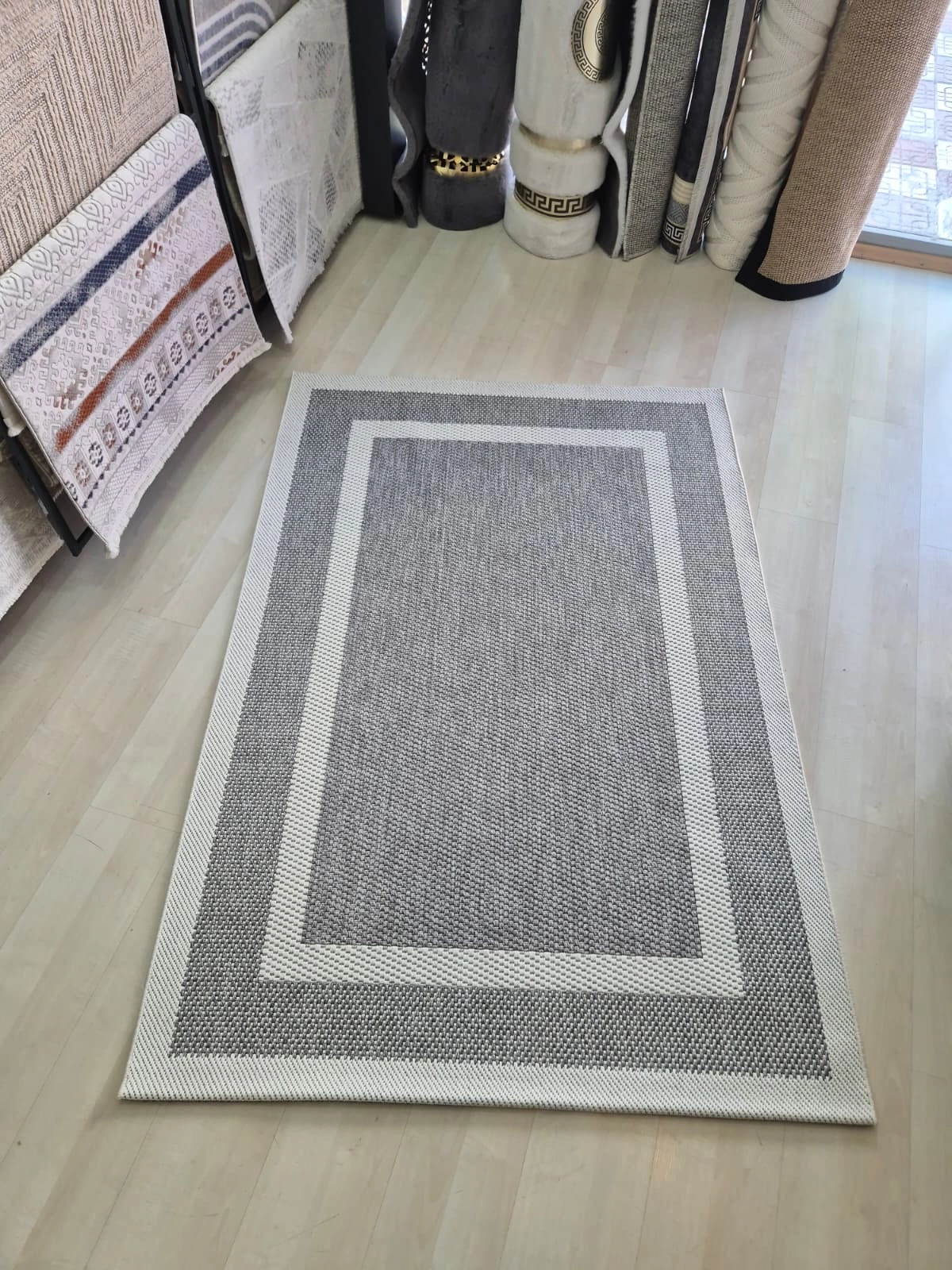 Gri Çift Şeritli Krem Sisal Halı Sisal Plus Serisi