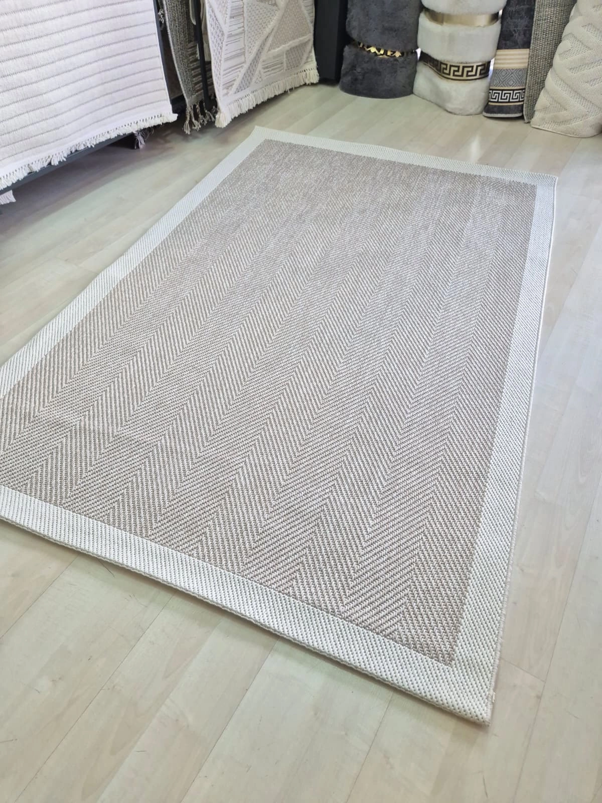 Bej Krem Zikzak Desenli Krem Seritli  Sisal Halı Plus Serisi