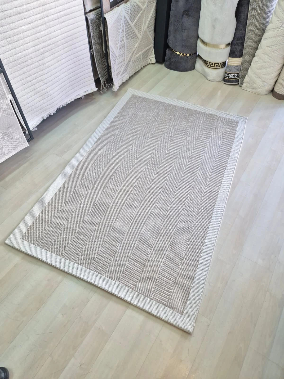 Bej Krem Zikzak Desenli Krem Seritli  Sisal Halı Plus Serisi