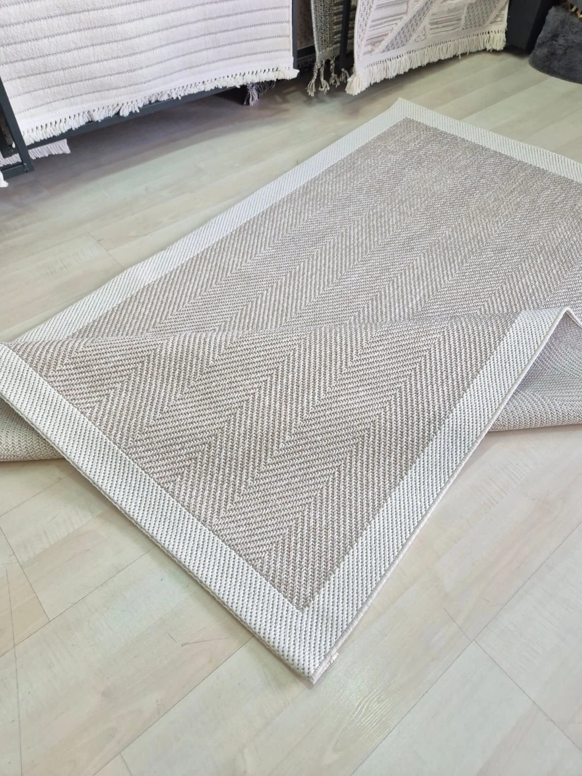 Bej Krem Zikzak Desenli Krem Seritli  Sisal Halı Plus Serisi